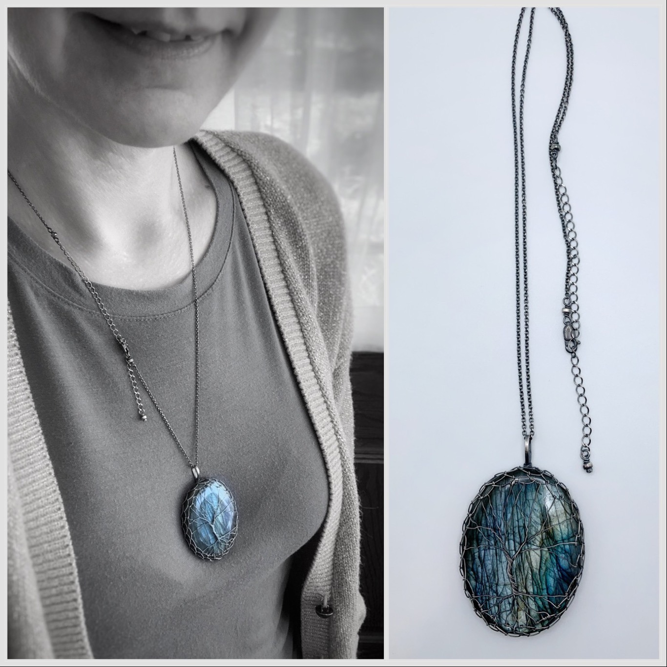 Tree Of Life Necklace / Antiqued Sterling Silver / Silver Labradorite Stone / "Renewal By Storm" - Image 5