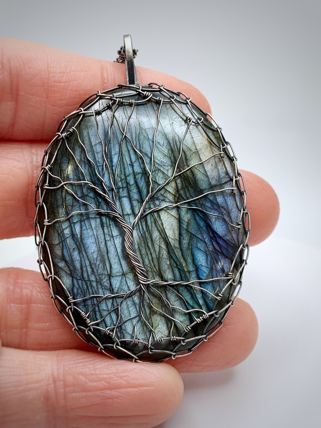 Tree Of Life Necklace / Antiqued Sterling Silver / Silver Labradorite Stone / “Renewal By Storm”