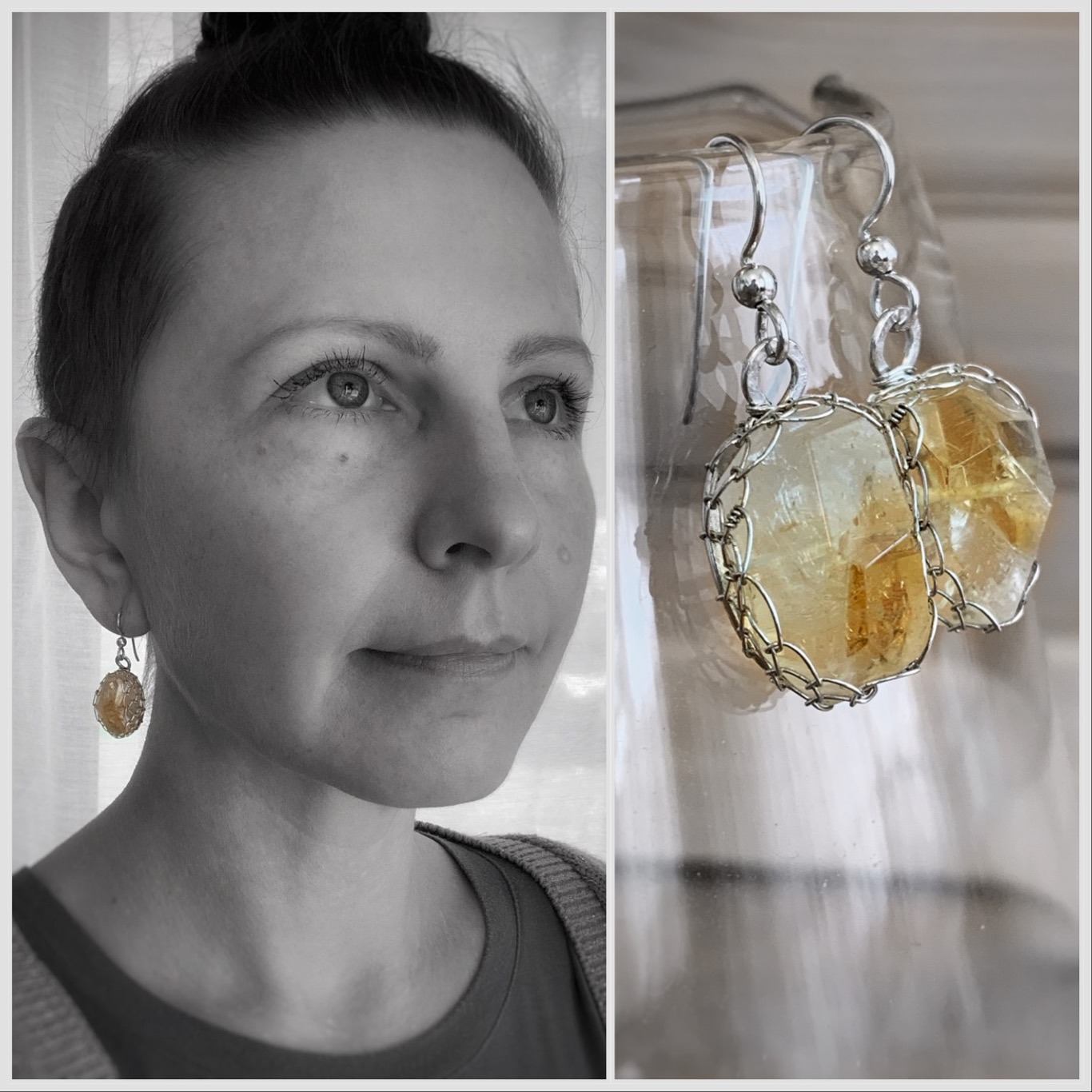 Golden Citrine Nugget Earrings / Solid Sterling Silver / Fancy Cut Faceted Citrine - Image 10