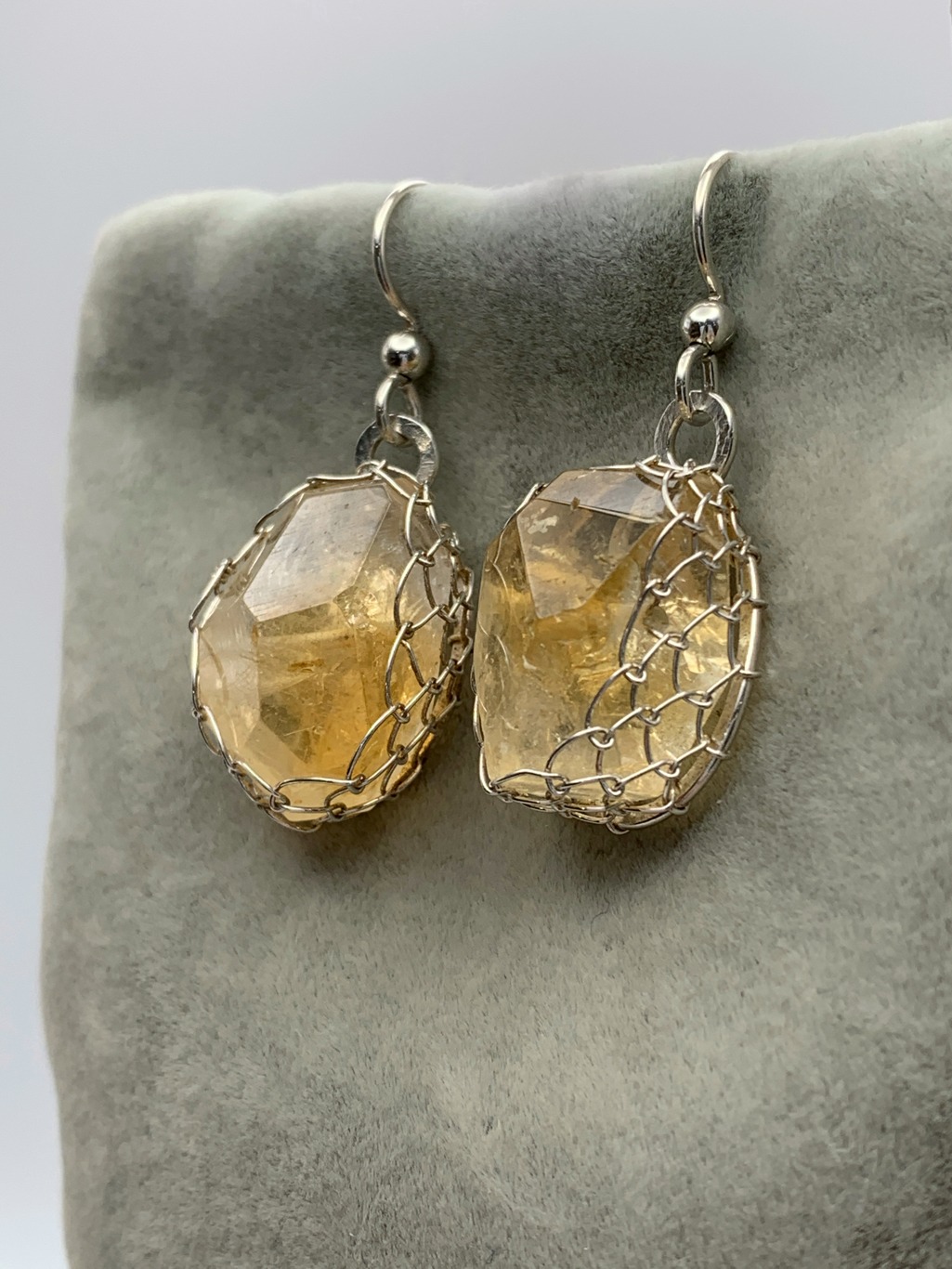 Golden Citrine Nugget Earrings / Solid Sterling Silver / Fancy Cut Faceted Citrine