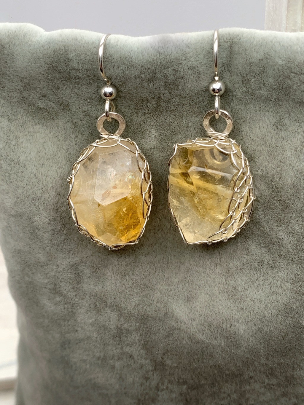 Golden Citrine Nugget Earrings / Solid Sterling Silver / Fancy Cut Faceted Citrine - Image 2