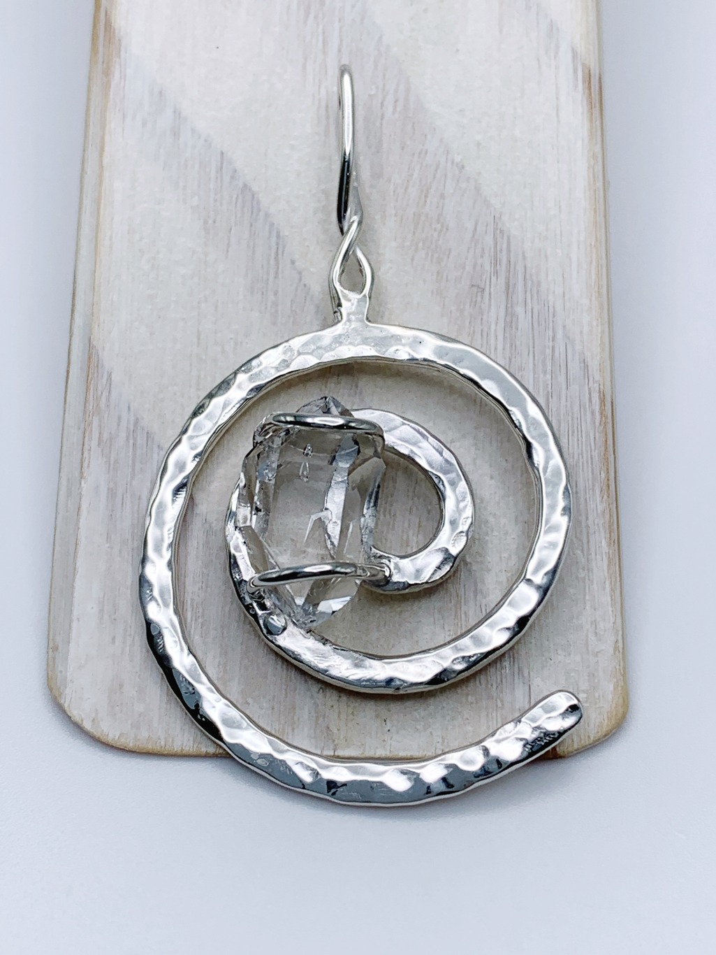 Herkimer Diamond Spiral Pendant / Solid Sterling Silver / Genuine Herkimer Diamond / Hammer Forged