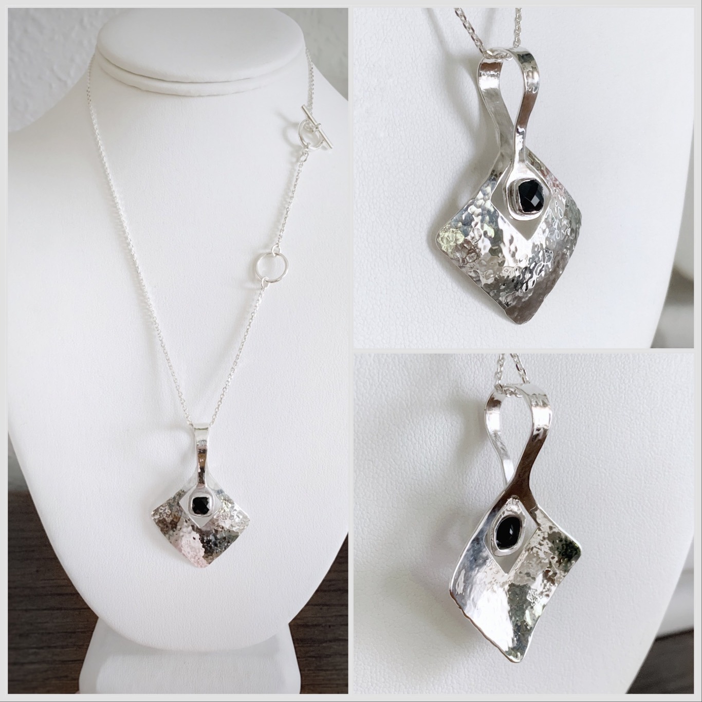 Onyx Diamond Pendant Necklace / Solid Sterling Silver / Genuine Faceted Onyx / Hammer Forged - Image 6