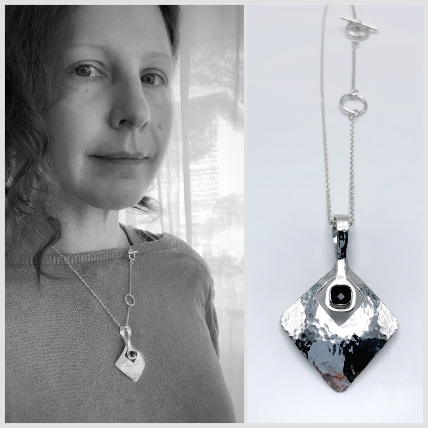 Onyx Diamond Pendant Necklace / Solid Sterling Silver / Genuine Faceted Onyx / Hammer Forged - Image 4
