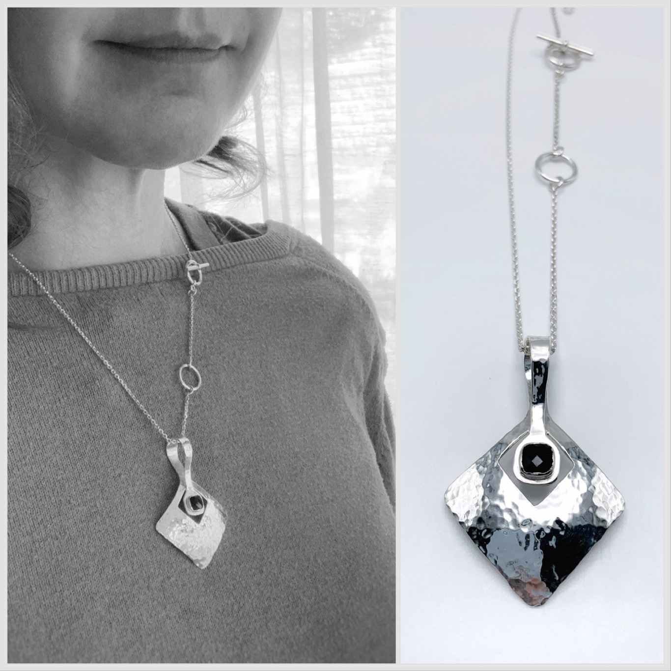 Onyx Diamond Pendant Necklace / Solid Sterling Silver / Genuine Faceted Onyx / Hammer Forged - Image 11