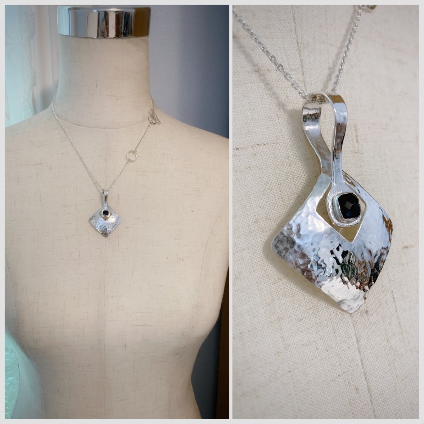 Onyx Diamond Pendant Necklace / Solid Sterling Silver / Genuine Faceted Onyx / Hammer Forged - Image 9