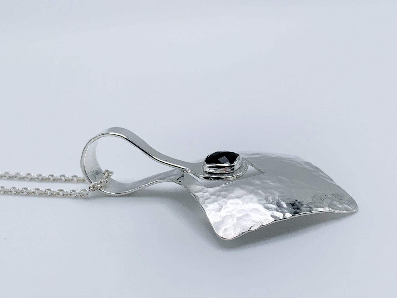 Onyx Diamond Pendant Necklace / Solid Sterling Silver / Genuine Faceted Onyx / Hammer Forged - Image 8