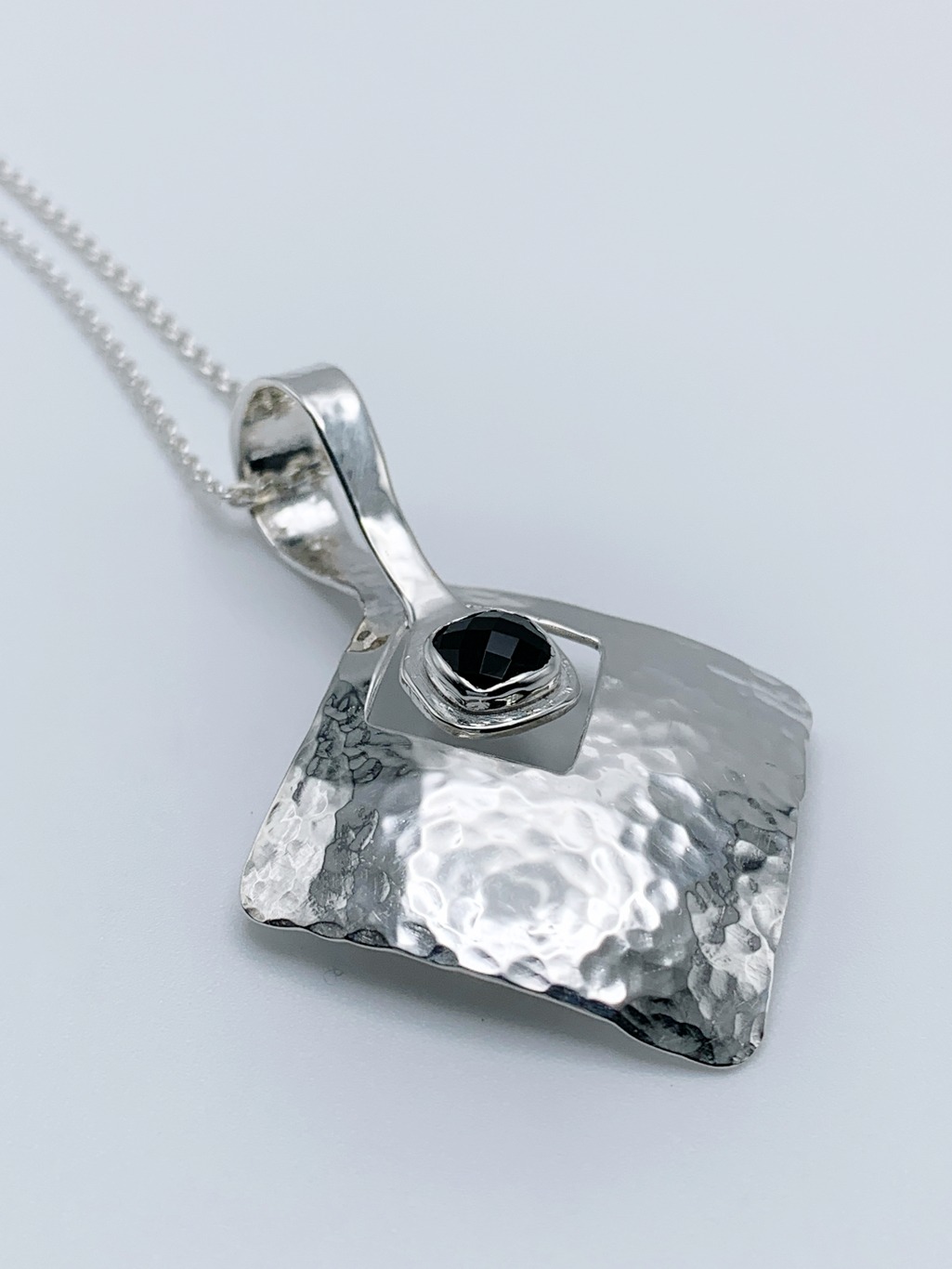 Onyx Diamond Pendant Necklace / Solid Sterling Silver / Genuine Faceted Onyx / Hammer Forged - Image 7