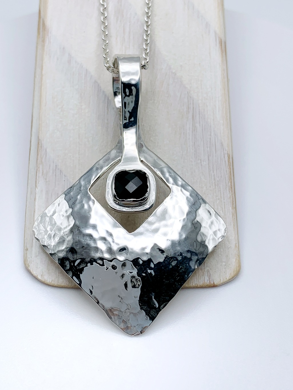 Onyx Diamond Pendant Necklace / Solid Sterling Silver / Genuine Faceted Onyx / Hammer Forged