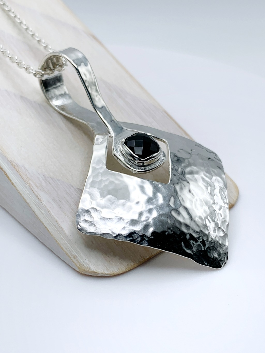 Onyx Diamond Pendant Necklace / Solid Sterling Silver / Genuine Faceted Onyx / Hammer Forged - Image 2
