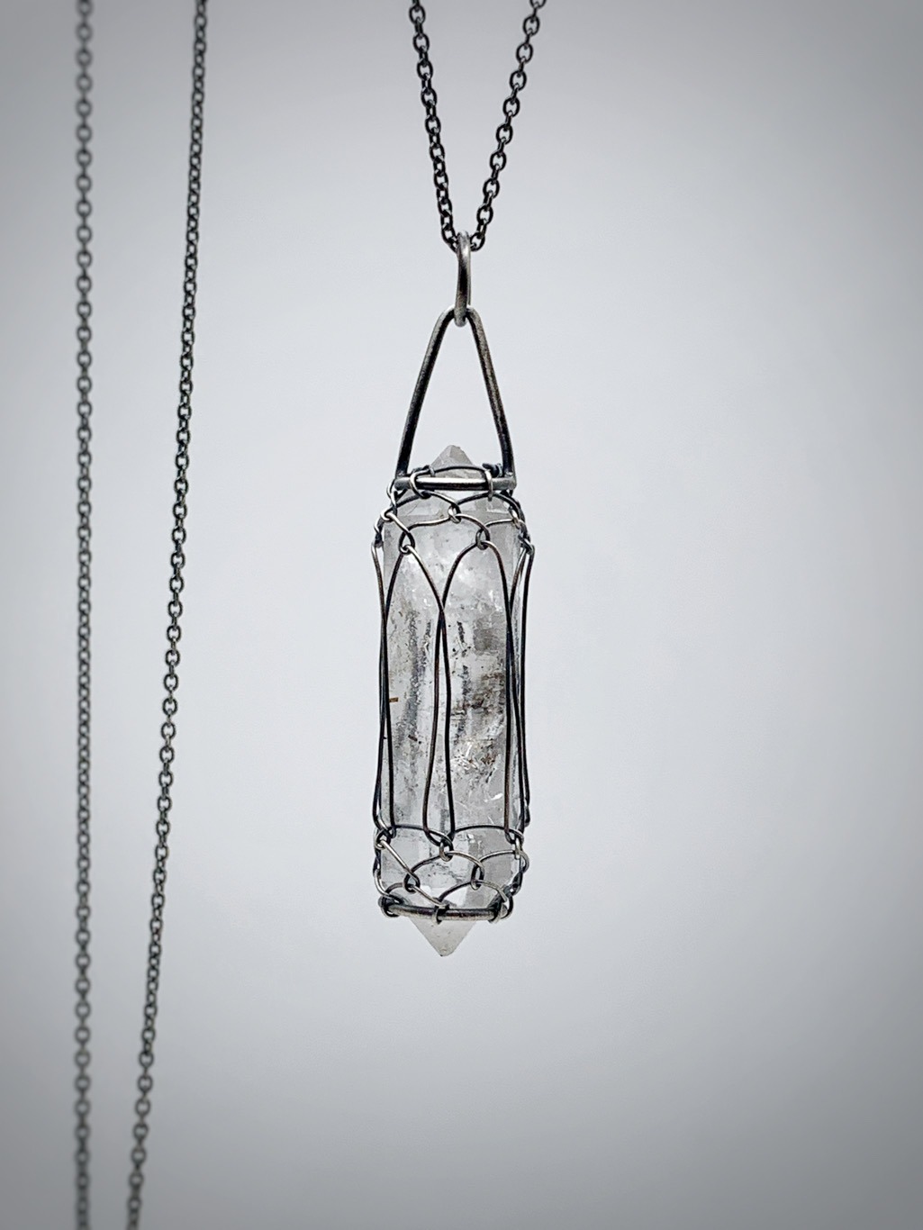 Quartz Crystal Lantern Necklace / Antiqued Solid Sterling Silver / Raw Double Terminated Quartz Crystal / 24″ Chain / “A Little Light”