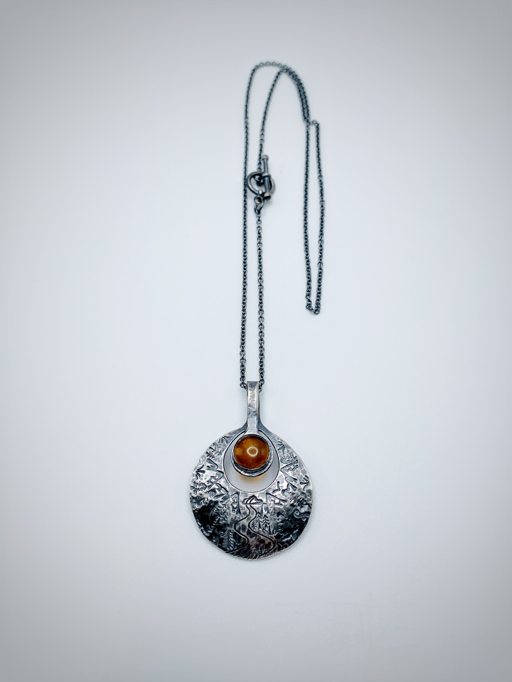 Amber Sun Disk Necklace / Nature Scene Pendant / Solid Antiqued Sterling Silver / Genuine Baltic Amber / 18" Chain Length - Image 9