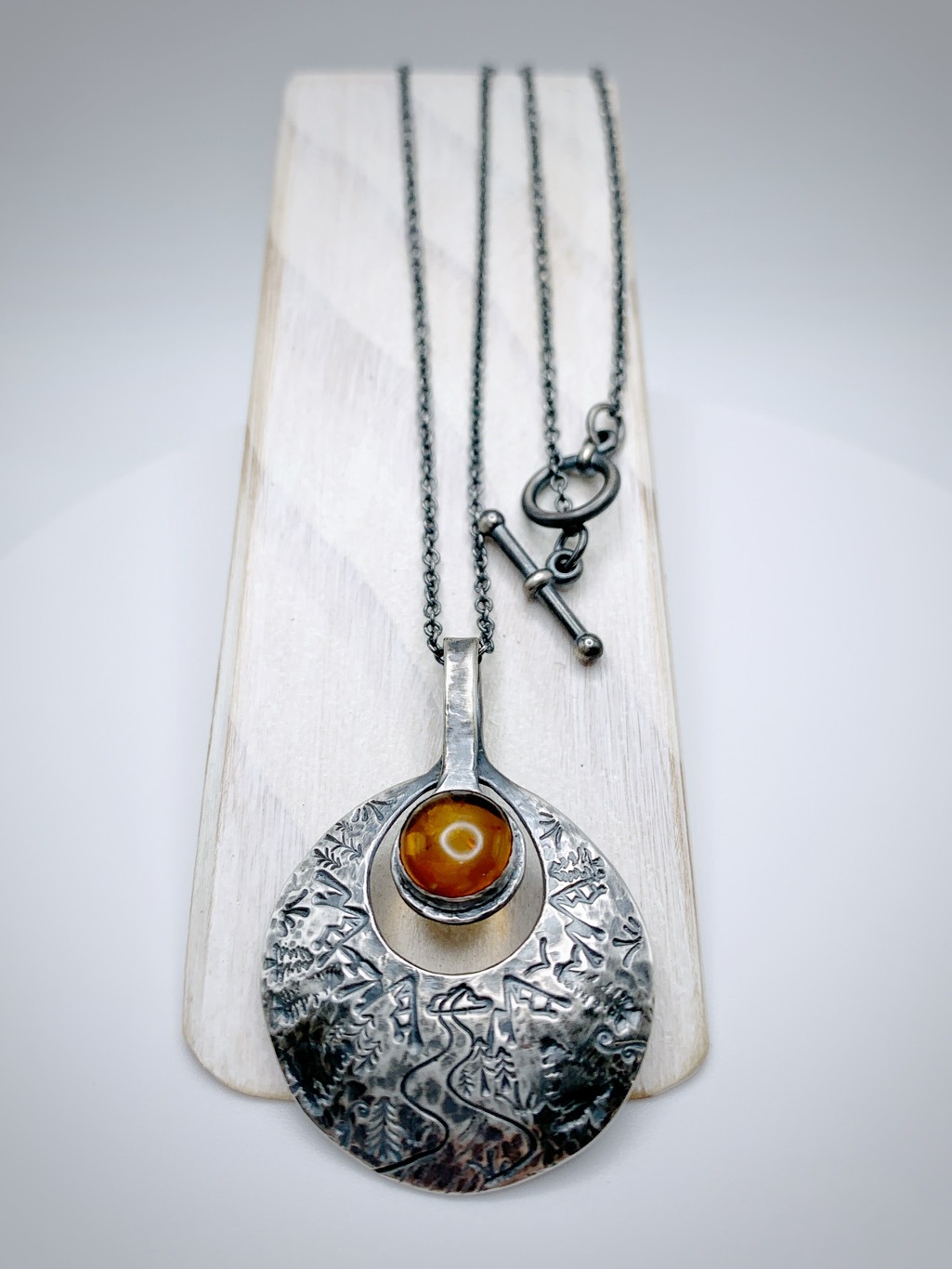 Amber Sun Disk Necklace / Nature Scene Pendant / Solid Antiqued Sterling Silver / Genuine Baltic Amber / 18" Chain Length - Image 2