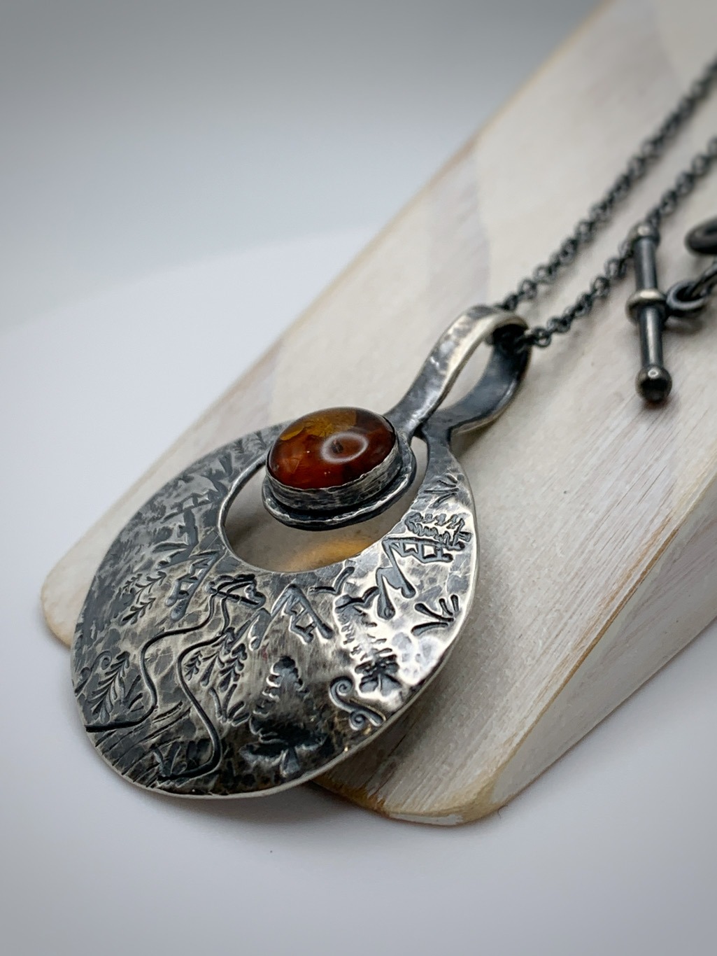 Amber Sun Disk Necklace / Nature Scene Pendant / Solid Antiqued Sterling Silver / Genuine Baltic Amber / 18" Chain Length - Image 5