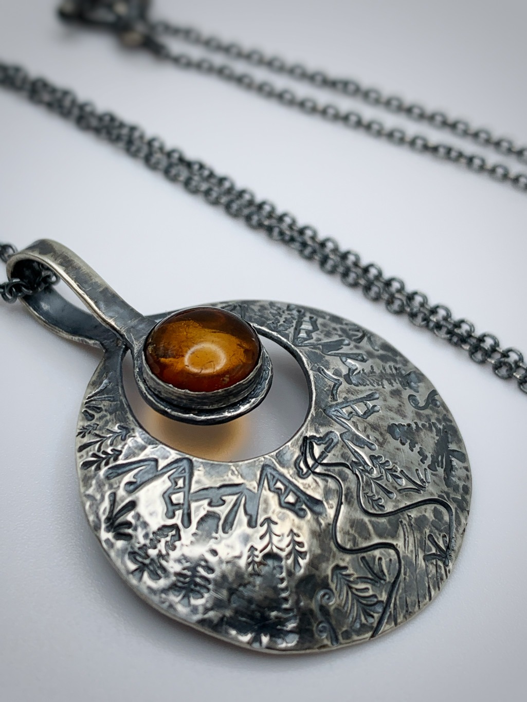 Amber Sun Disk Necklace / Nature Scene Pendant / Solid Antiqued Sterling Silver / Genuine Baltic Amber / 18" Chain Length - Image 7