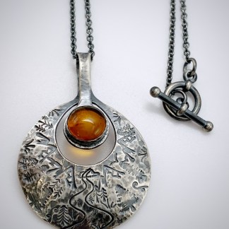Amber Sun Disk Necklace / Nature Scene Pendant / Solid Antiqued Sterling Silver / Genuine Baltic Amber / 18" Chain Length