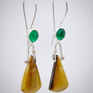 "Autumn Embrace" Earrings / Solid Sterling Silver / Genuine Tiger Eye / Genuine Green Onyx / Dangle Earrings