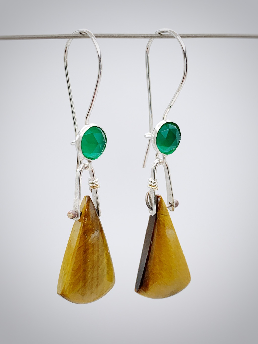 "Autumn Embrace" Earrings / Solid Sterling Silver / Genuine Tiger Eye / Genuine Green Onyx / Dangle Earrings