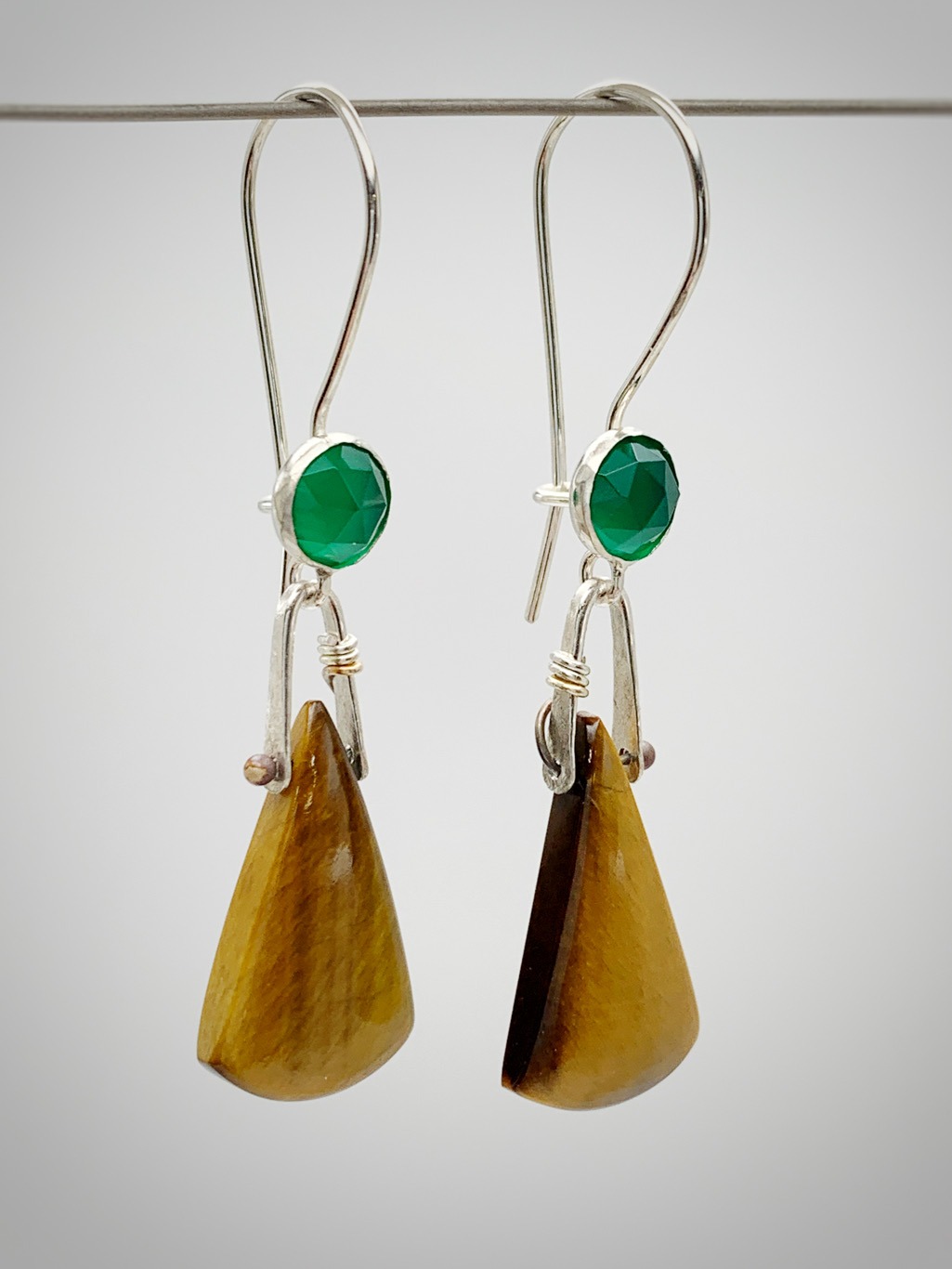 "Autumn Embrace" Earrings / Solid Sterling Silver / Genuine Tiger Eye / Genuine Green Onyx / Dangle Earrings - Image 2