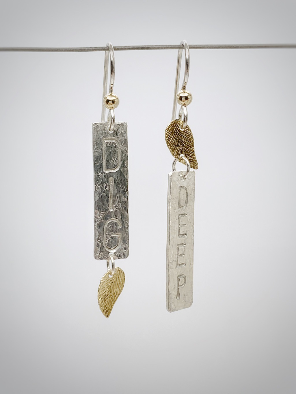 "Dig Deep" Stick and Leaf Earrings / Solid Sterling Silver / 14k Gold Filled / Hammer Forged / Hammered Texture - Image 4