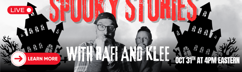 Promotional graphic for a Halloween live stream titled 'Spooky Stories' featuring hosts Rafi and Klee, with a backdrop of a haunted house and spooky trees.