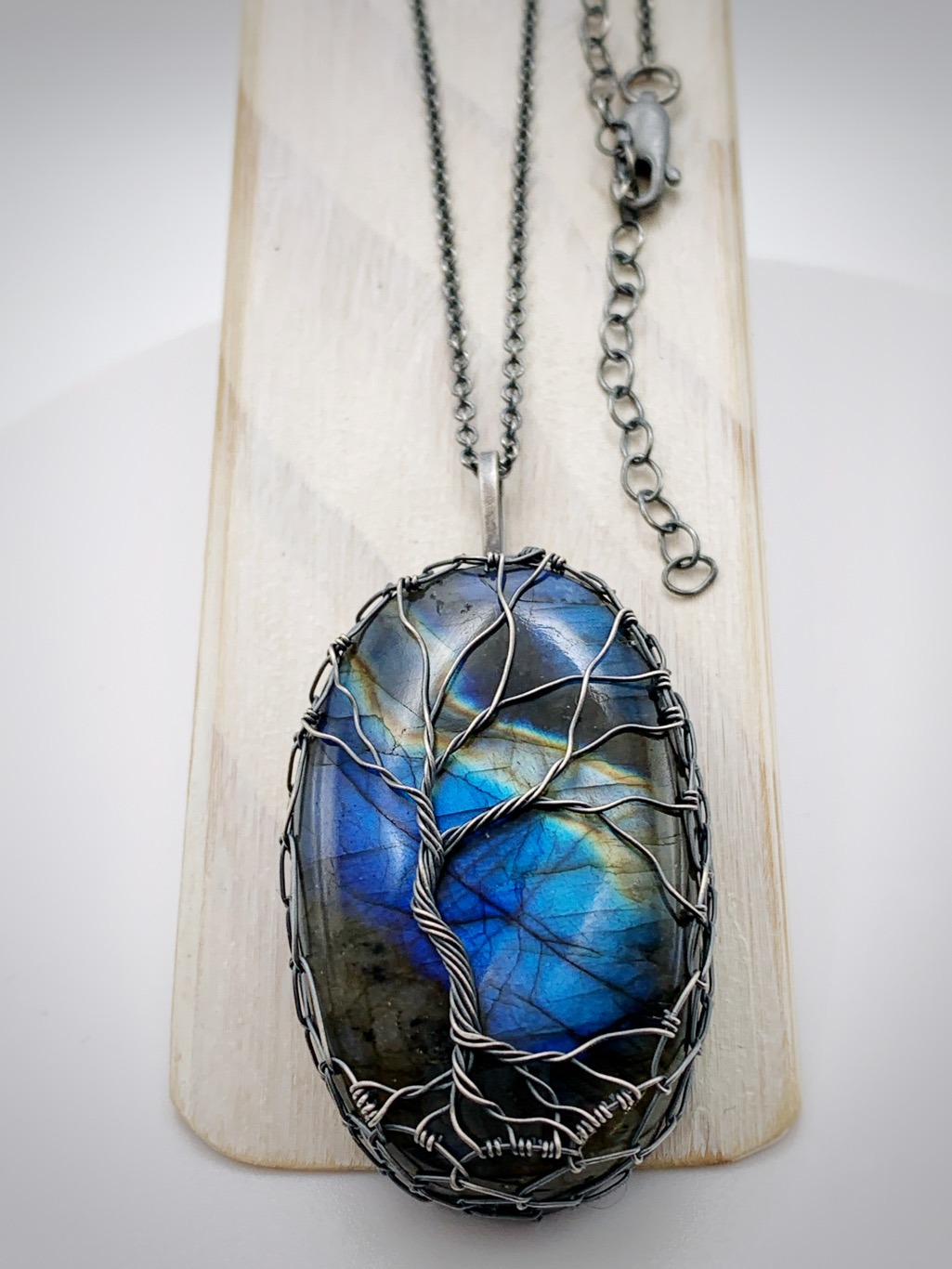 Tree Of Life Necklace / Antiqued Sterling Silver / Genuine Labradorite Stone / “Lightning Over the Foothills”