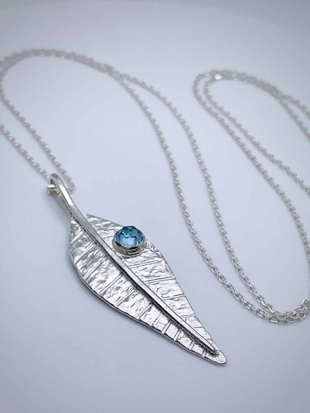 Leaf Necklace / Solid Sterling Silver / Genuine Swiss Topaz / 20″ Chain / “Morning Shimmer”