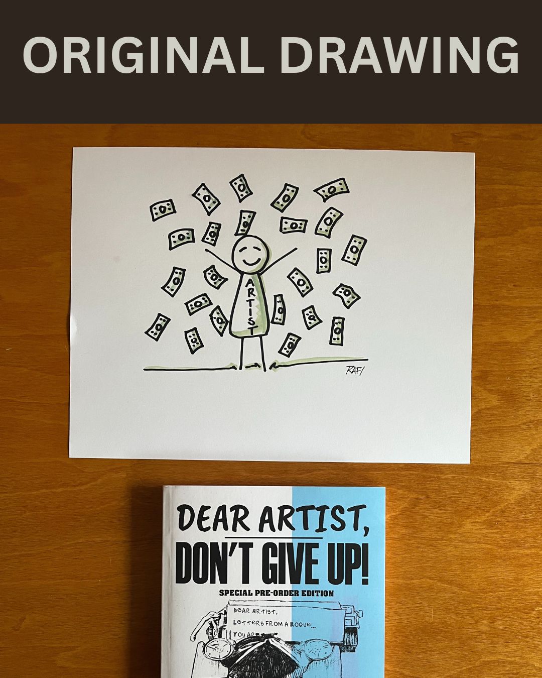 Money – Original Dear Artist Illustration Drawing by Rafi Perez On Paper 8.5X11