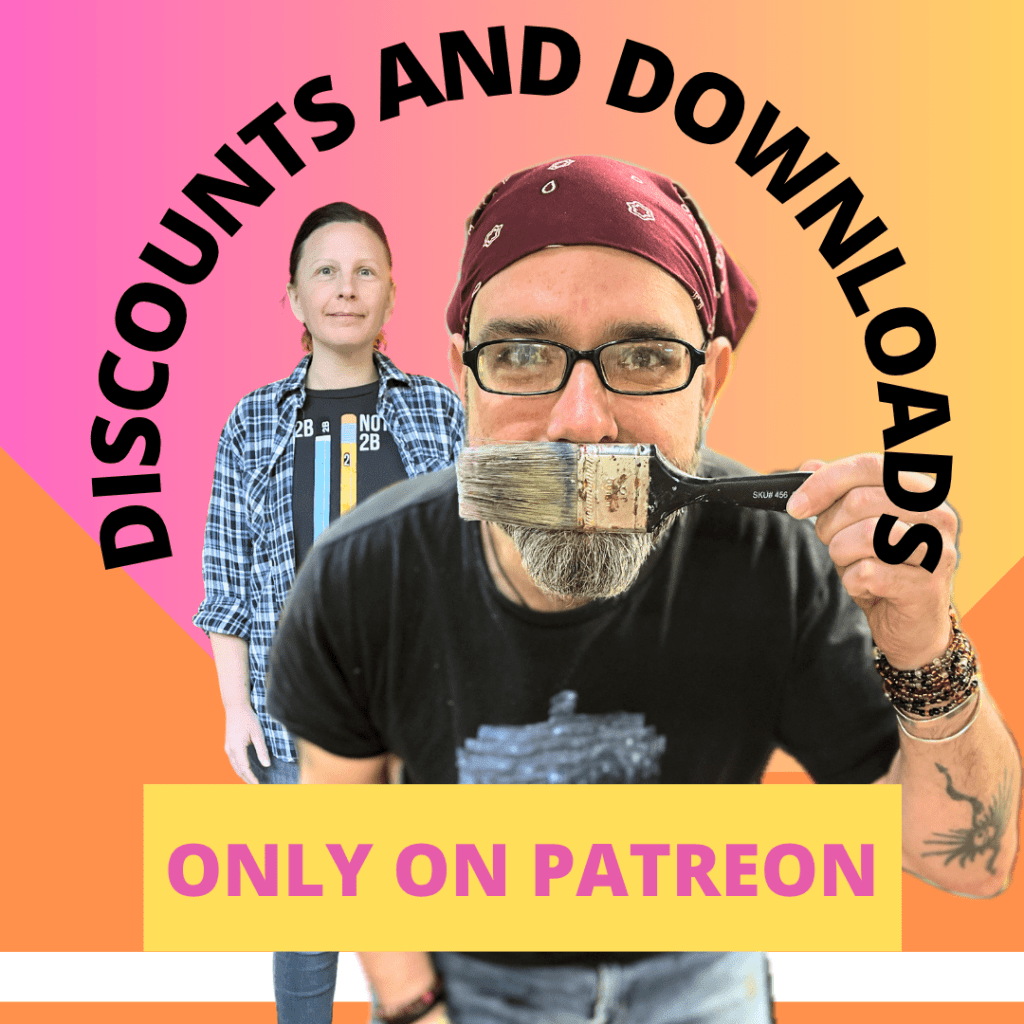 Promotional image for Rafi and Klee's Patreon, featuring two individuals. One person holds a paintbrush in their mouth, while the other is dressed in a checkered shirt. Text overlays read 'DISCOUNTS AND DOWNLOADS' and 'ONLY ON PATREON'.