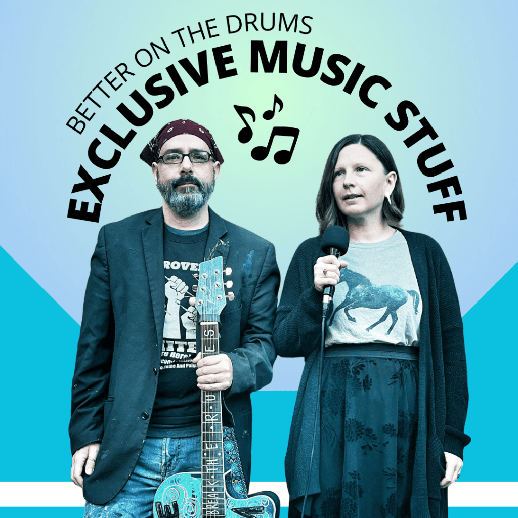 A man holds a painted guitar while a woman speaks into a microphone, both presenting a music-focused event with colorful geometric backgrounds and text emphasizing exclusive music content.