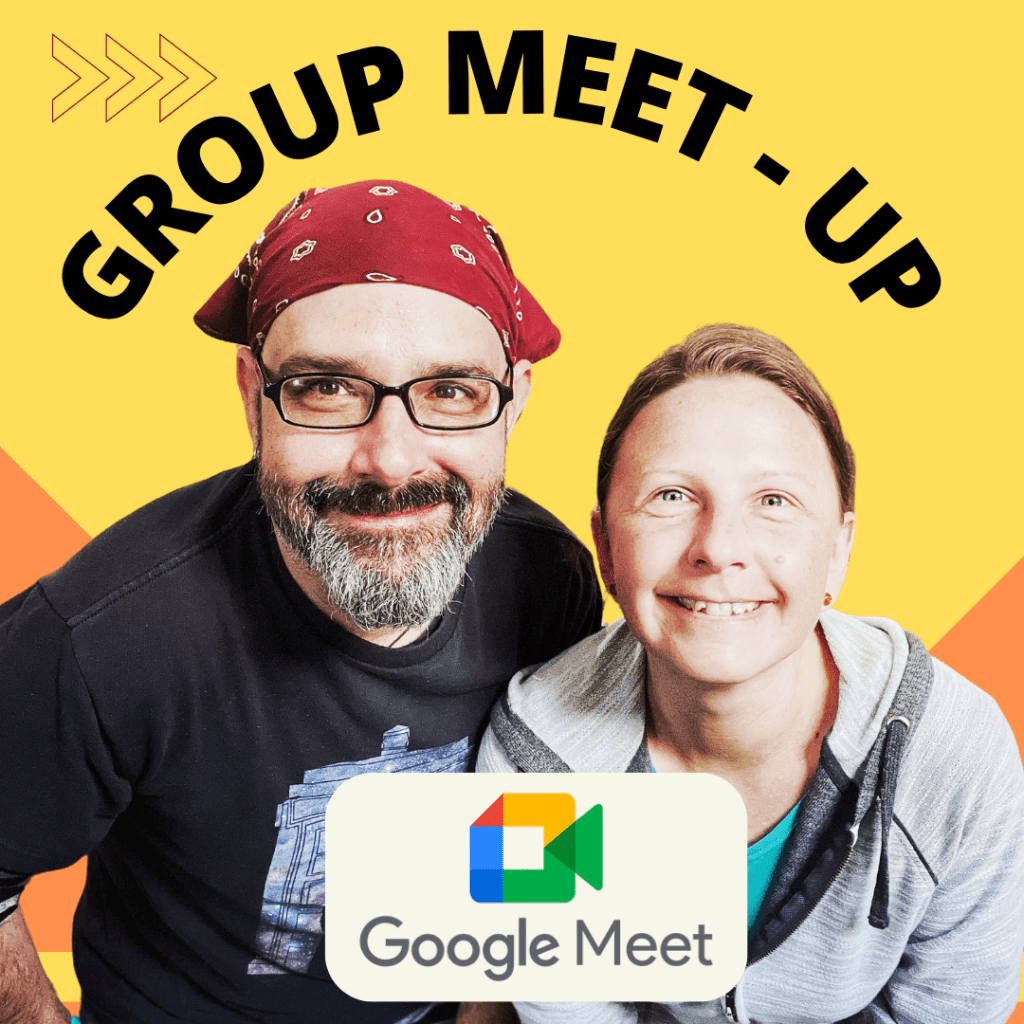 Two smiling individuals with casual attire pose together against a vibrant yellow background, promoting a group meet-up on Google Meet.