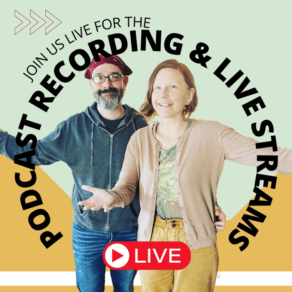 Promotional image for a podcast recording featuring two smiling individuals in casual attire, with text encouraging viewers to join live for the recording and streams.