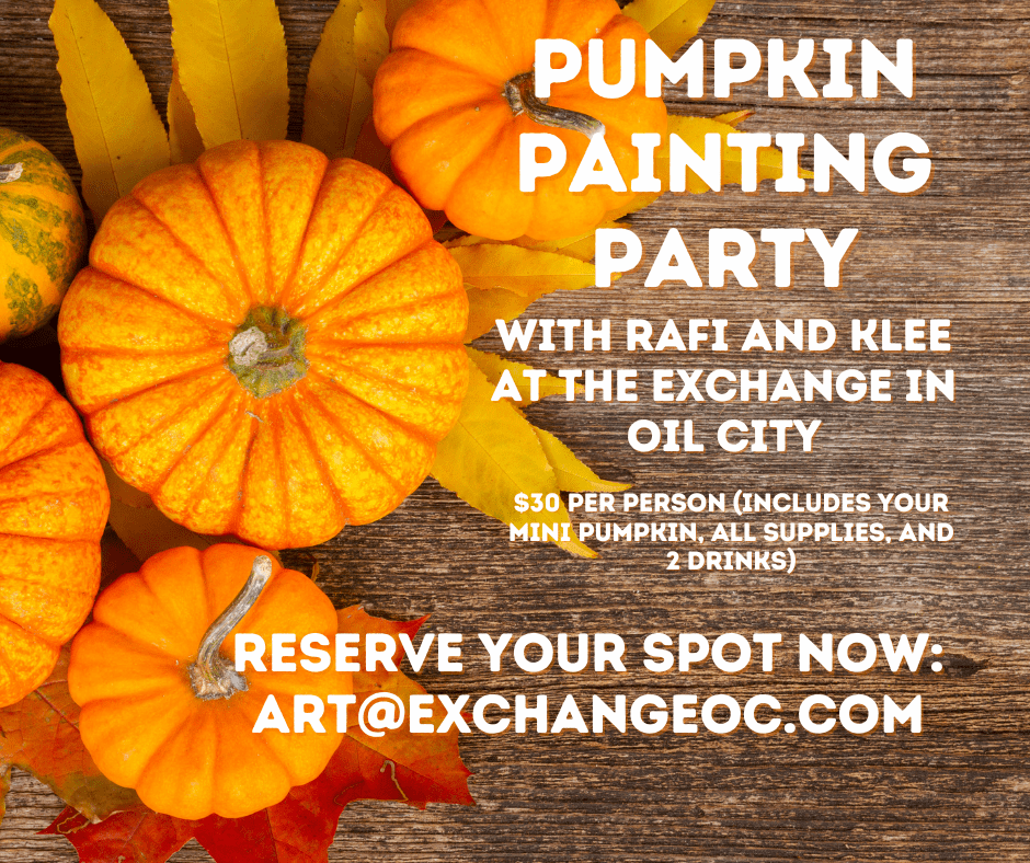 Promotional image for a Pumpkin Painting Party featuring pumpkins, colorful leaves, and event details including date, location, and cost.