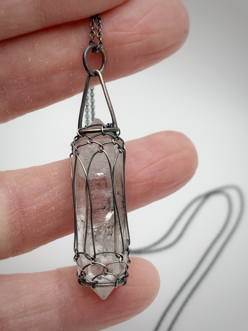 Quartz Crystal Lantern Necklace / Antiqued Solid Sterling Silver / Raw Double Terminated Quartz Crystal / 24" Chain / "A Little Light" - Image 2