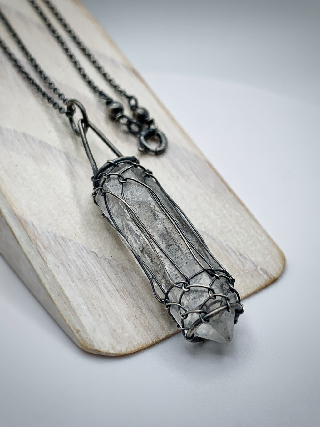 Quartz Crystal Lantern Necklace / Antiqued Solid Sterling Silver / Raw Double Terminated Quartz Crystal / 24" Chain / "A Little Light" - Image 6