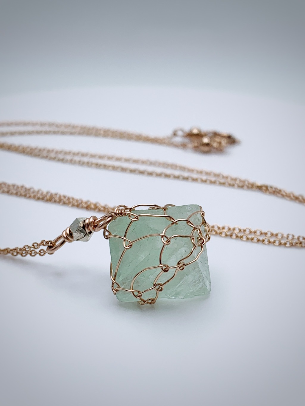 Green Fluorite Crystal Necklace / 14k Rose Gold Filled / Raw Fluorite Octahedron / 24″ Chain / “Sacred Geometry”