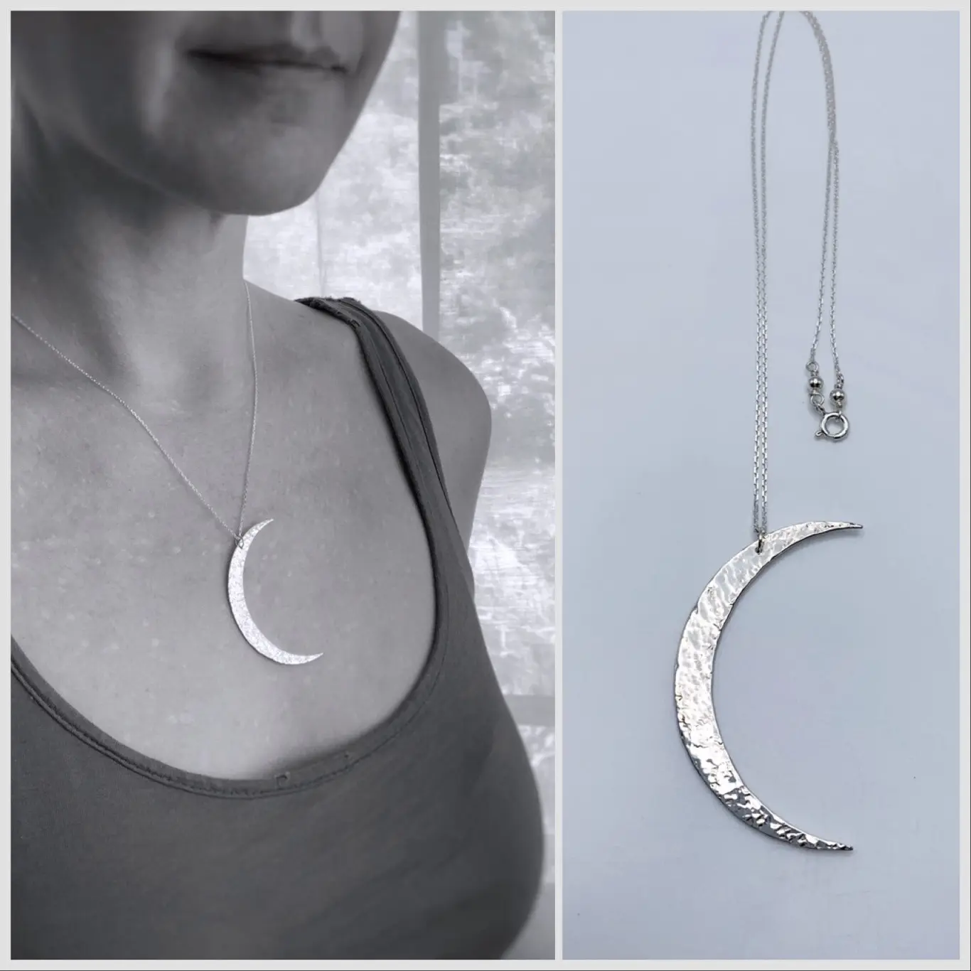 Crescent Moon Necklace / Large Solid Sterling Silver Moon Pendant / Hand Forged / - Image 4