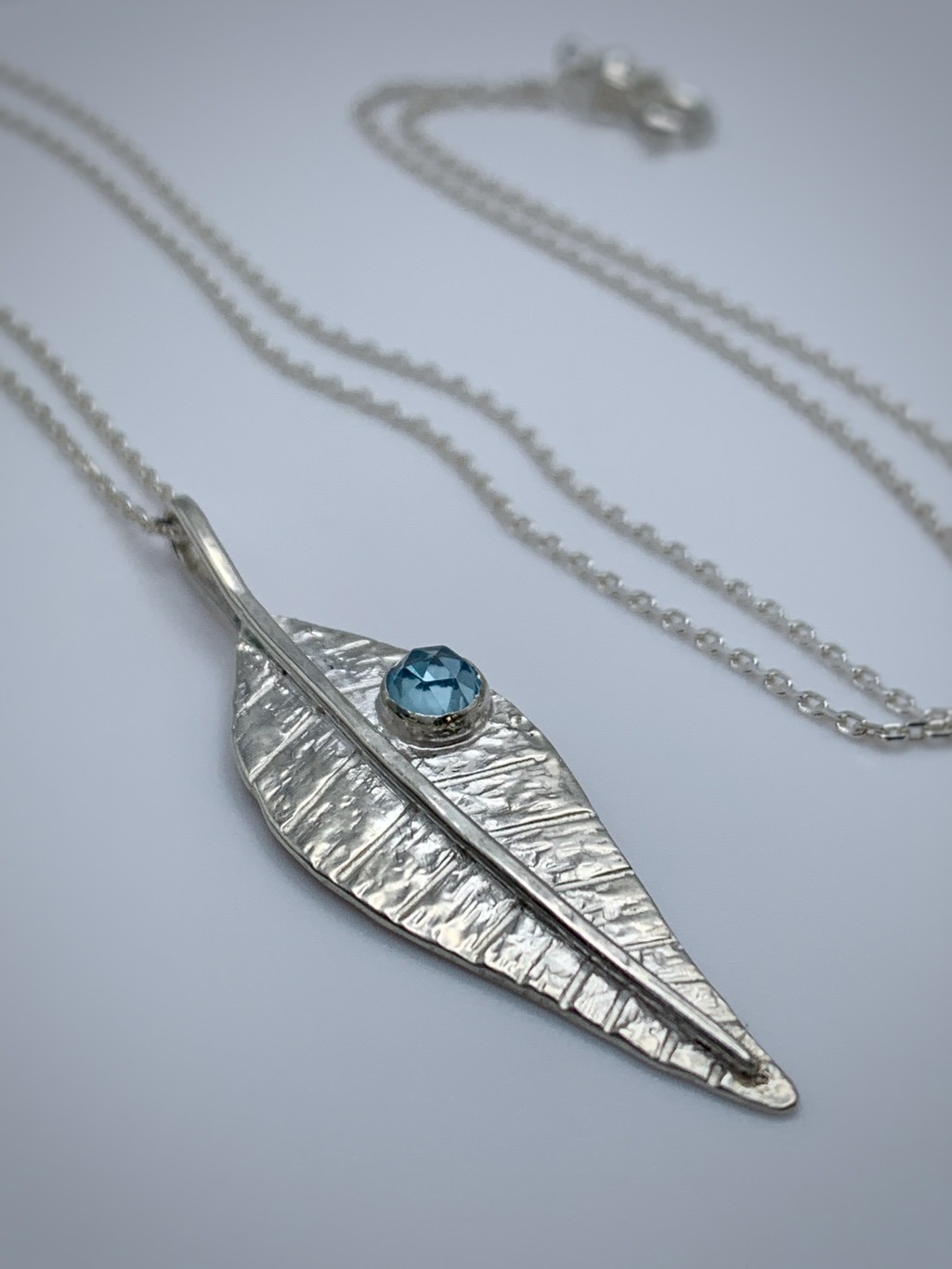 Leaf Necklace / Solid Sterling Silver / Genuine Swiss Topaz / 20" Chain / "Morning Shimmer" - Image 3