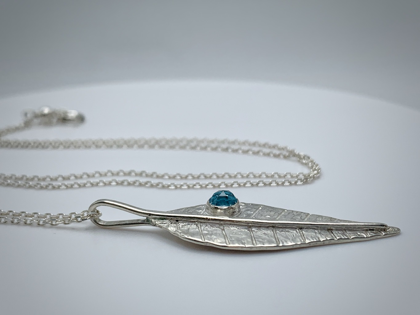 Leaf Necklace / Solid Sterling Silver / Genuine Swiss Topaz / 20" Chain / "Morning Shimmer" - Image 4