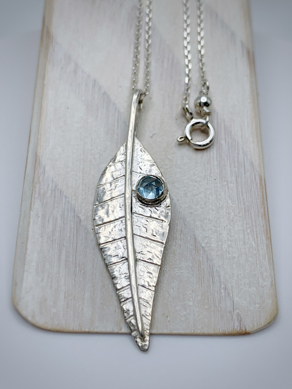 Leaf Necklace / Solid Sterling Silver / Genuine Swiss Topaz / 20" Chain / "Morning Shimmer" - Image 5