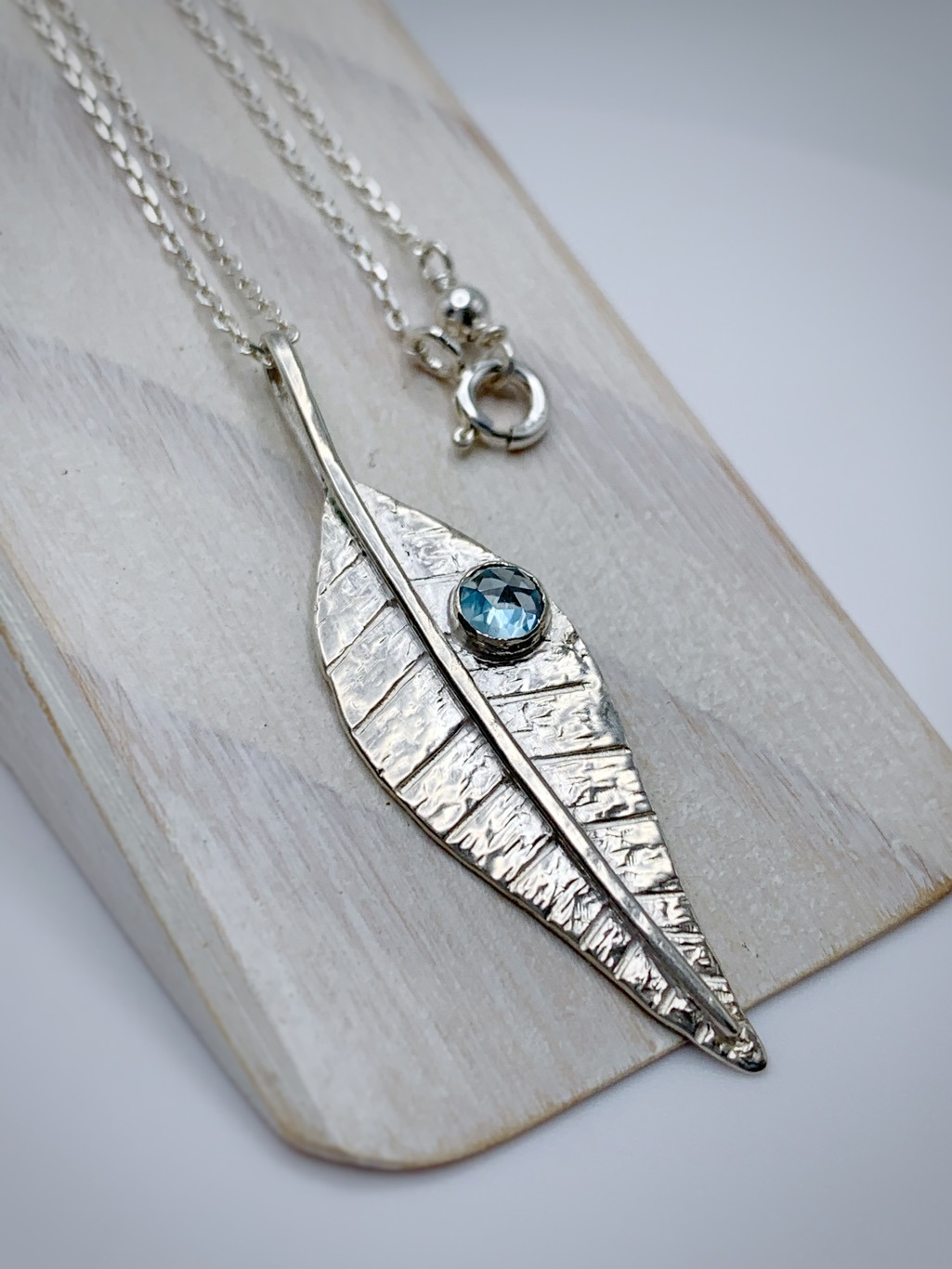 Leaf Necklace / Solid Sterling Silver / Genuine Swiss Topaz / 20" Chain / "Morning Shimmer" - Image 6