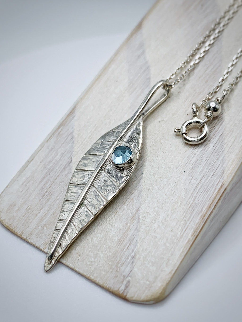 Leaf Necklace / Solid Sterling Silver / Genuine Swiss Topaz / 20" Chain / "Morning Shimmer" - Image 7
