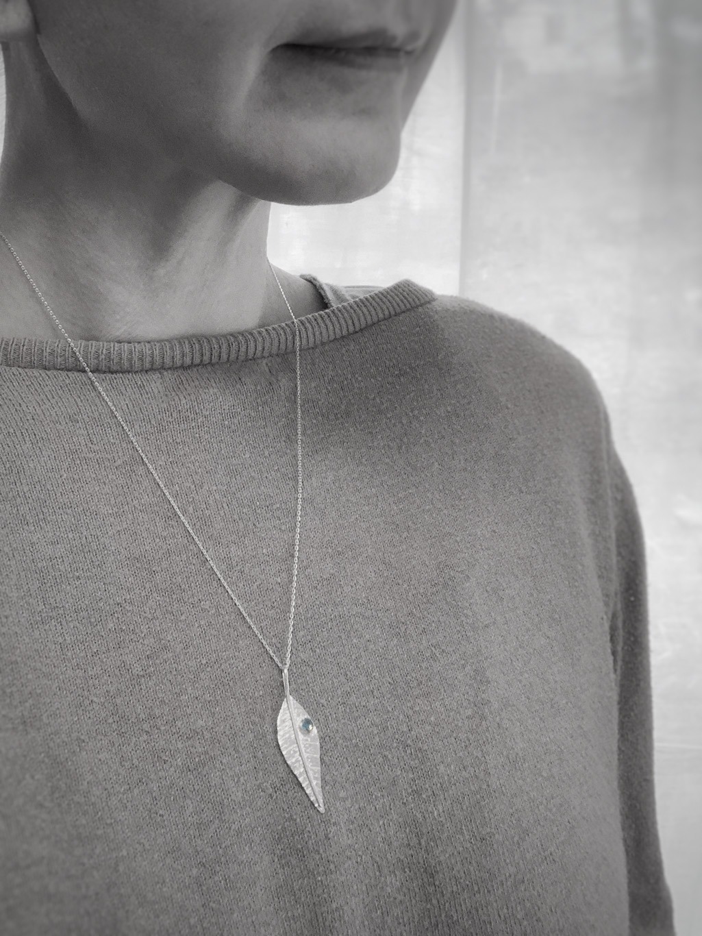 Leaf Necklace / Solid Sterling Silver / Genuine Swiss Topaz / 20" Chain / "Morning Shimmer" - Image 9