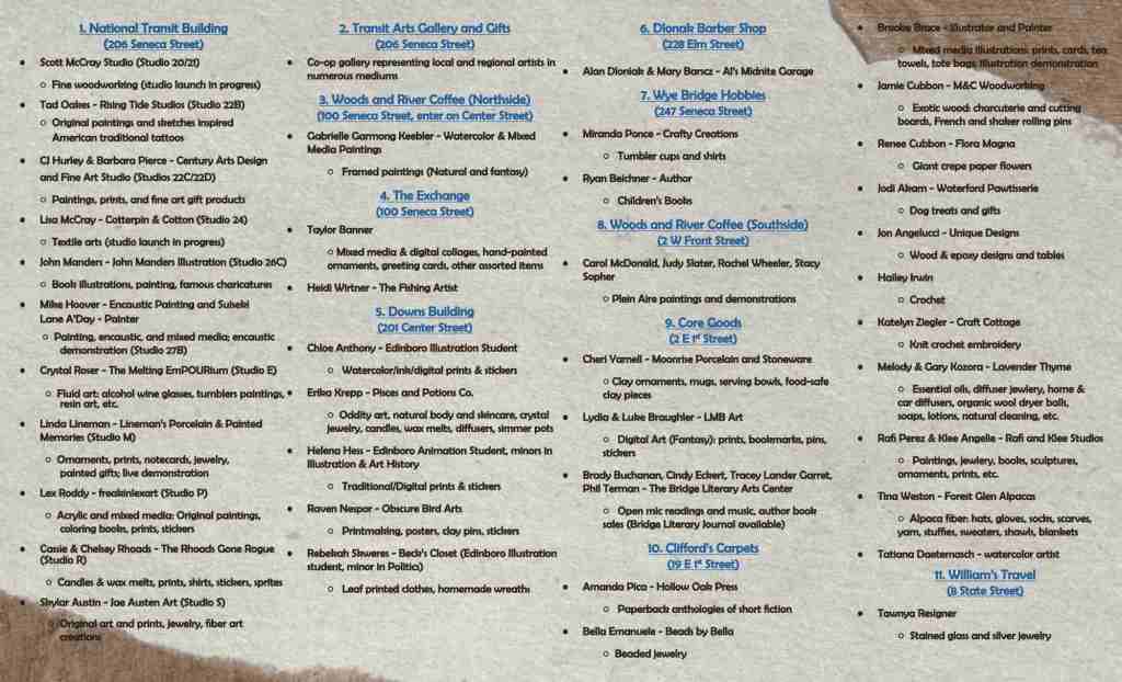 A colorful flyer advertising local artists and creative events happening in Oil City, detailing various locations, activities, and participating artists for Artist Sunday.