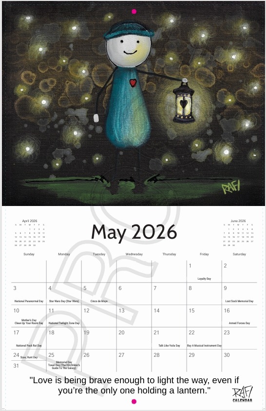Illustration for May 2026 showing a character holding a lantern with a heart on its chest against a backdrop of glowing lights, accompanied by a calendar layout and a quote about love.
