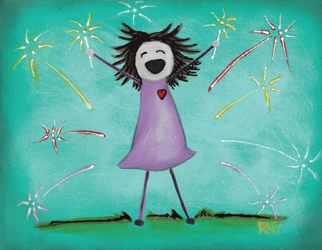 A joyful character in a purple dress with a heart, celebrating with sparklers against a bright turquoise background.
