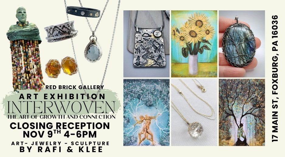 Promotional image for the 'Interwoven' art exhibition at the Red Brick Gallery, featuring various artworks, jewelry, and sculptures by Rafi & Klee, with details of the closing reception on November 9th from 4-6 PM.