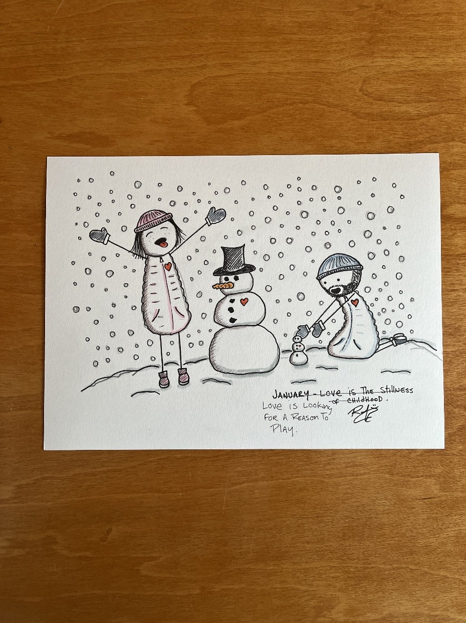 Building A Snowman - Original Illustration Drawing by Rafi Perez On Watercolor Paper 9X12 - Image 2