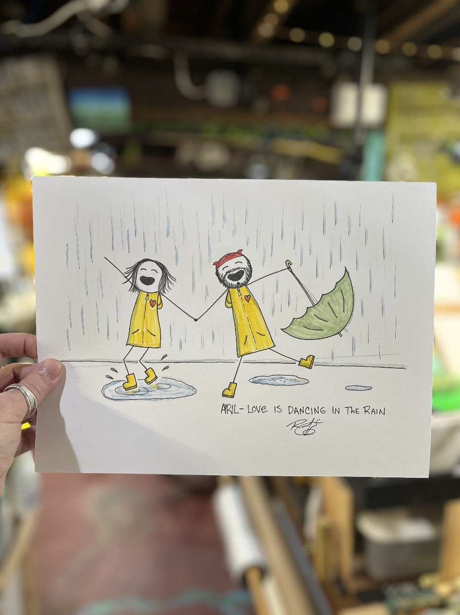 Dancing In The Rain – Original Illustration Drawing by Rafi Perez On Watercolor Paper 9X12