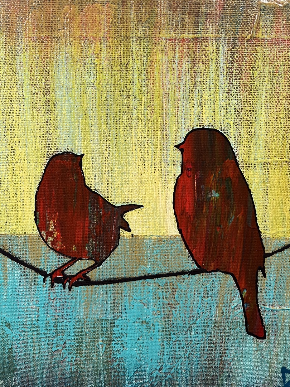 Little Red Birds - Bird On A Wire Series Original Painting Mixed Medium on Canvas 10X10 By Artist Rafi Perez - Image 3